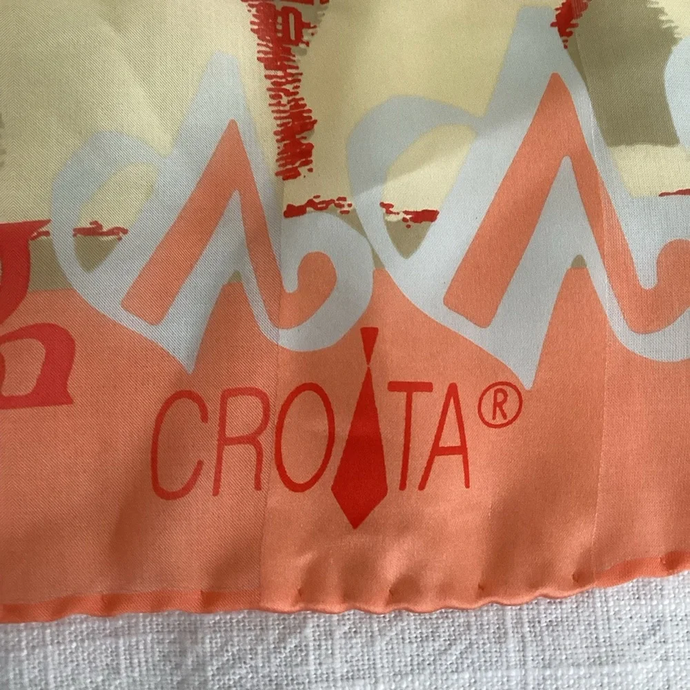 Croata Silk Scarf 26x26 Orange Cream  Geometric Logo Square Made in Croatia